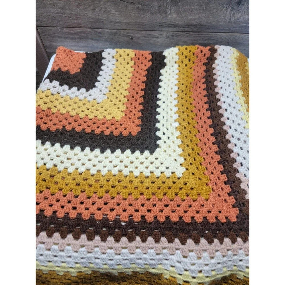 Vintage Crochet Afghan 38x36”  GRANNY SQUARE Sofa Throw Blanket USA Handmade